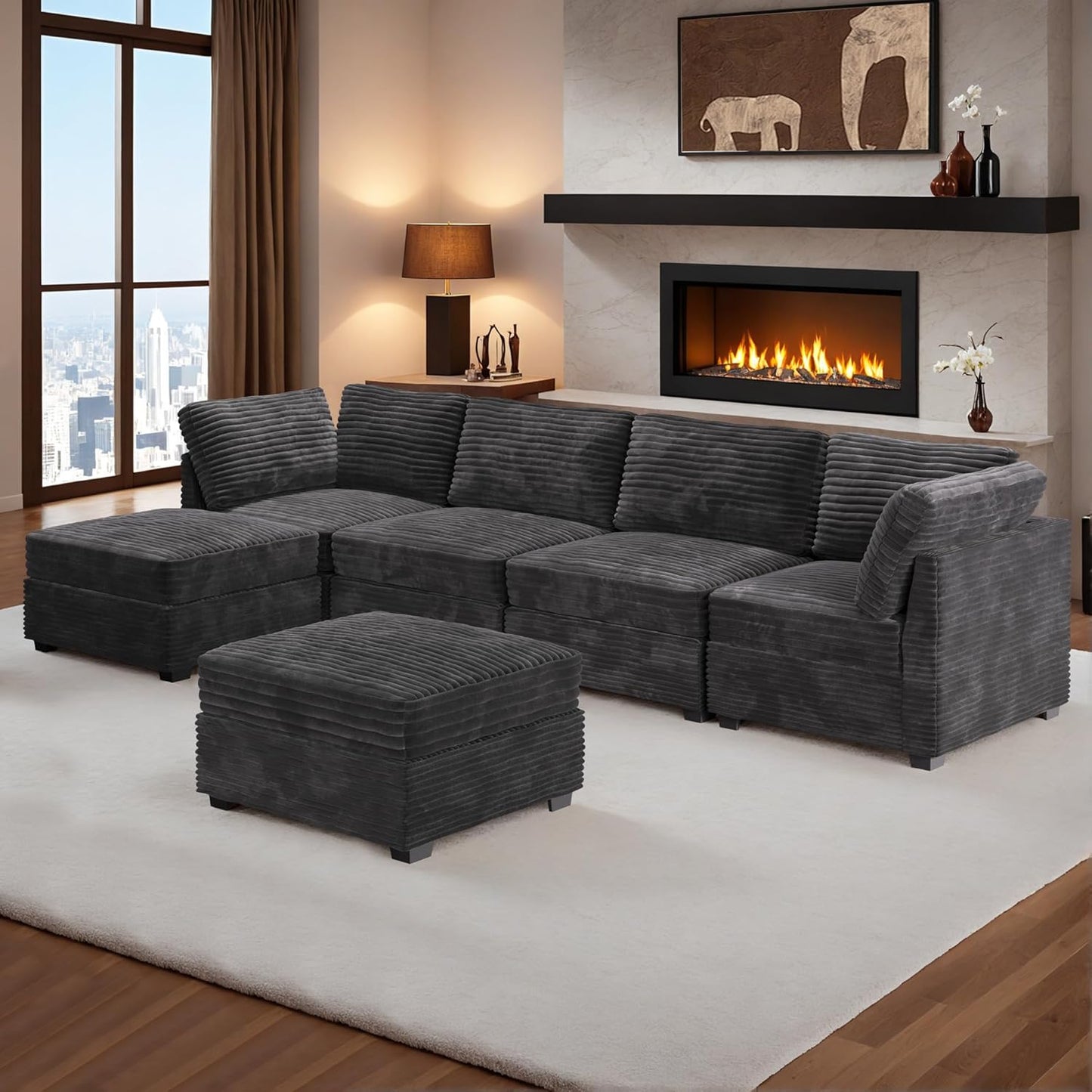HOOOWOOO Modular Sectional Sofa,6 Pieces Sectional Couches for Living Room,131X66 L Shaped Cloud Couch with Ottoman Chaise Set(Grey Velvet Corduroy)