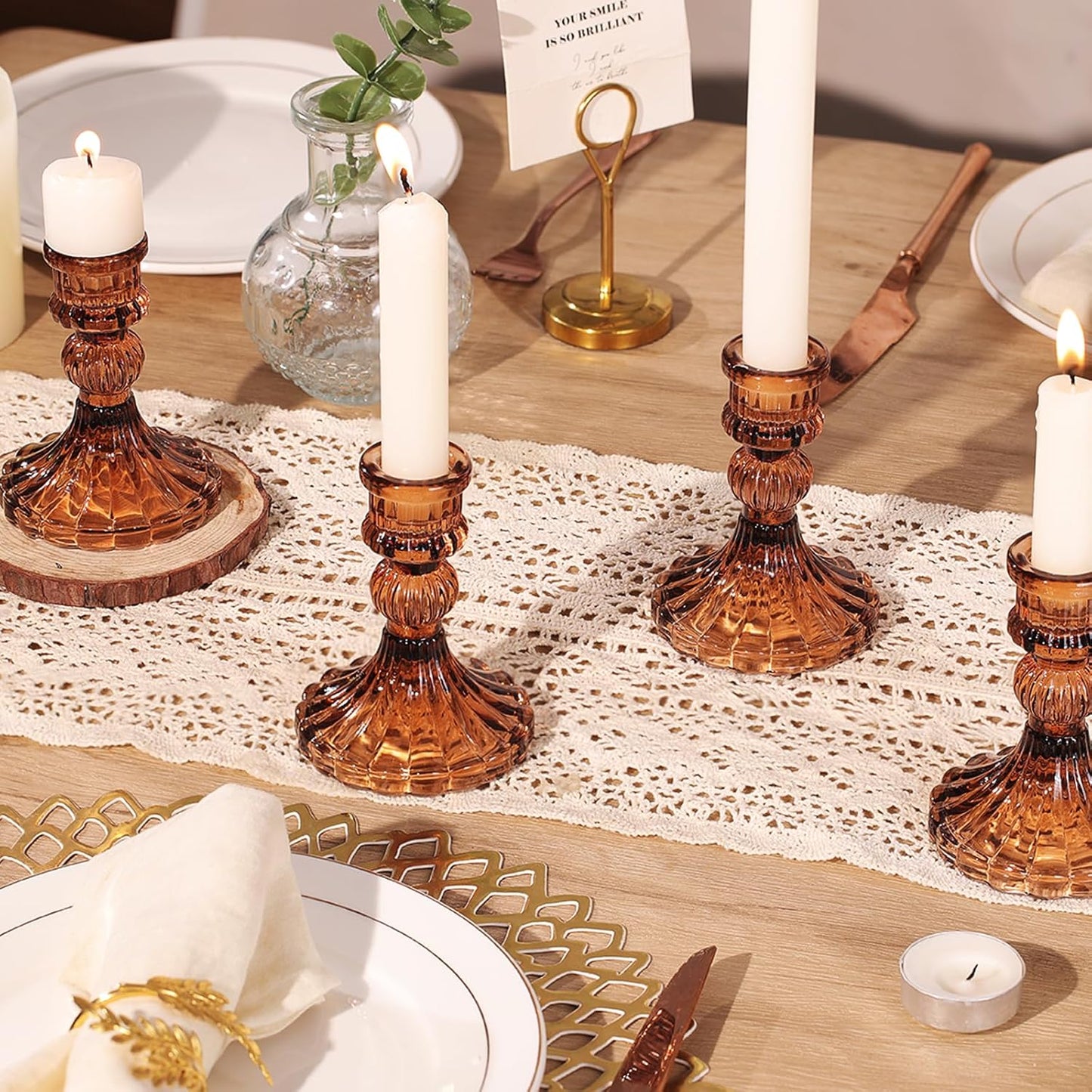 12PCS Amber Candlestick Holders Set- 4" H Taper Candle Holders, Glass Candle Holders Bulk for Wedding, Party, Fall Home Table Centerpieces, Festival Gifts & Windowsill Decor