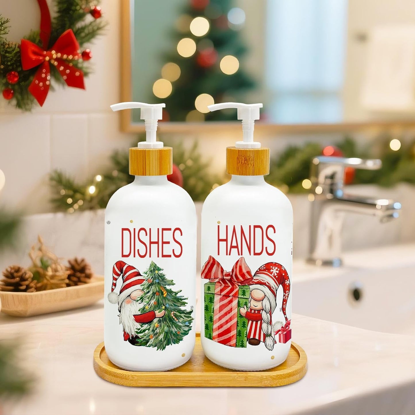 Hexagram Christmas Soap Dispenser Set of 2, Christmas Kitchen Decor, Xmas Gnomes Glass Soap Dispenser for Home Indoor Decorations, Xmas Refillable Lotion Essential Oil Dispensers with Pump