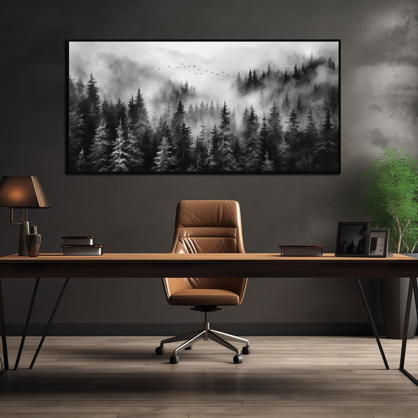 Foggy Forest Wall Art for Living Room Black and White Pictures for Wall Home Office Wall Decor with Black Frame 29 x 58 Inch