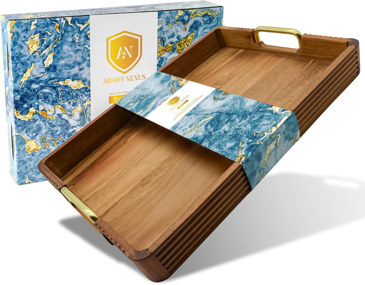 Acacia Wood Serving Tray with Metal Handles  – 17x12in Rustic Decorative Ottoman & Coffee Table Tray for Breakfast in Bed, Dinner, Bar, Kitchen, Home Décor & Entertaining