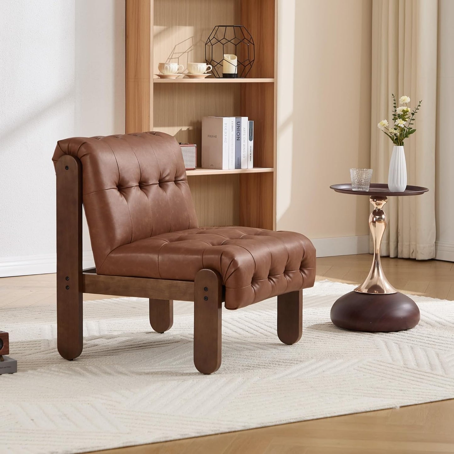 Modern Armless Accent Chair Set of 2 for Living Room, Brown PU Leather Button Tufted Upholstered Lounge Reading Chair with Walnut Wood Frame