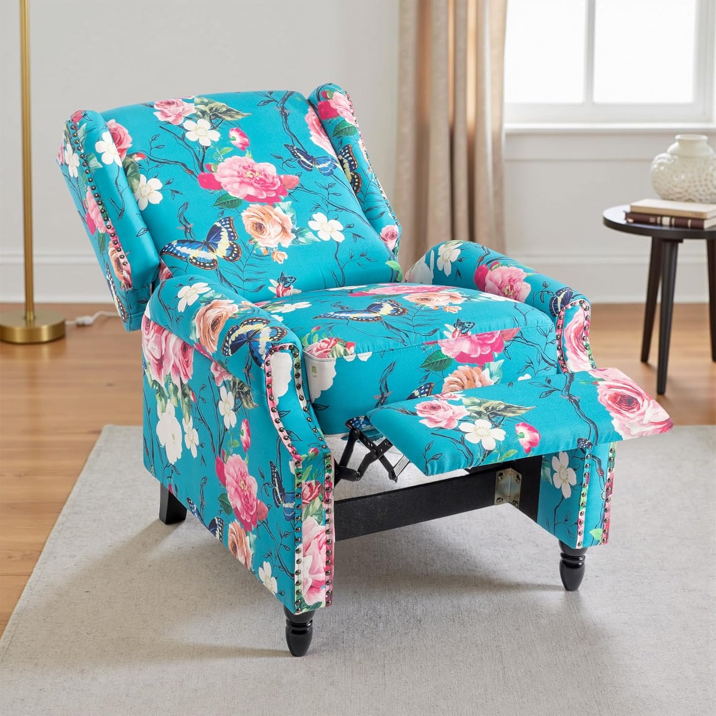 UIXE Floral Pushback Recliner Chairs Set of 2, Fabric Upholstered Armchair Push Back Accent Chair for Living Room, Rivet Trim Club Chair Home Theater Single Sofa Reading Seat - Peacock Blue