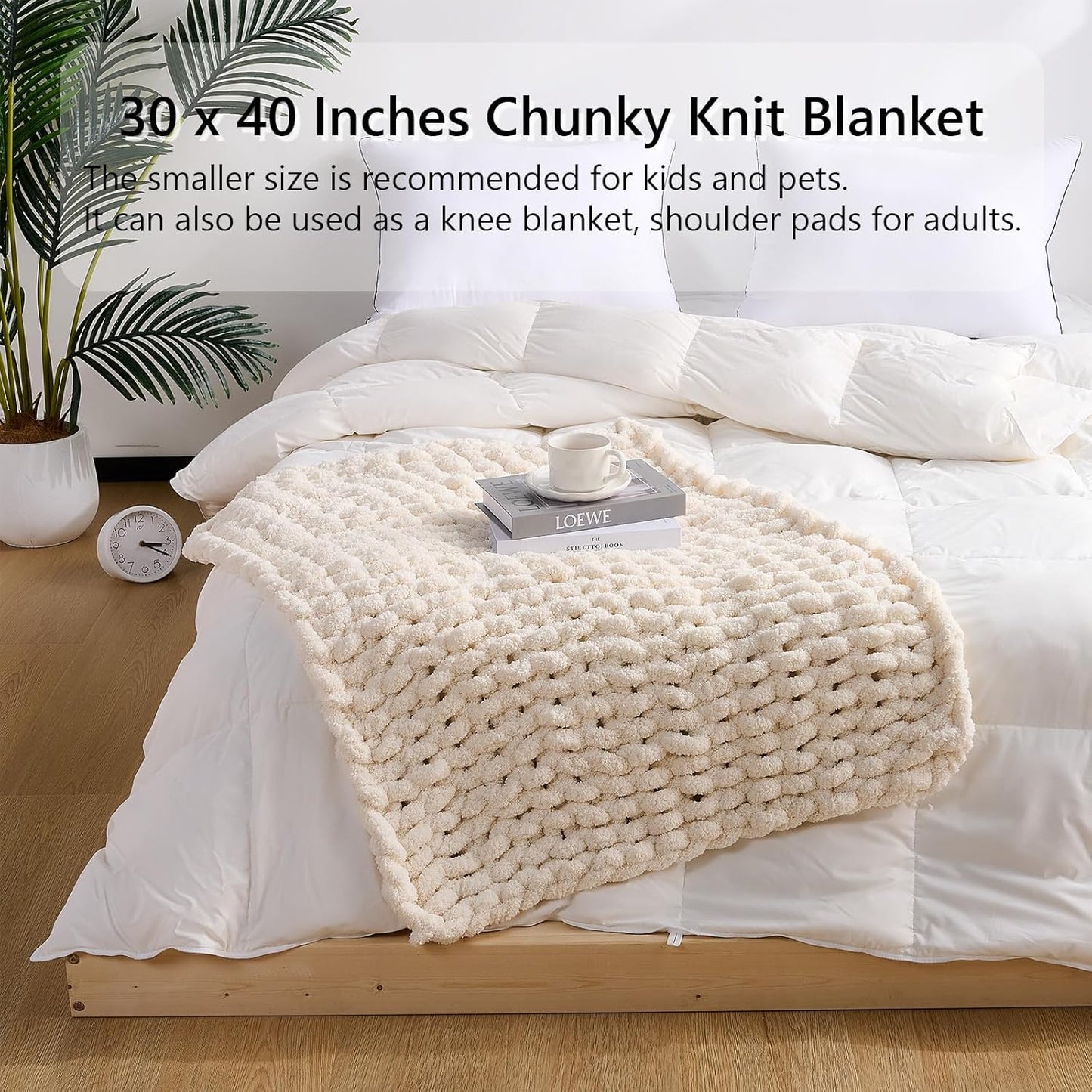 L'AGRATY Chunky Knit Blanket Throw: 30''x40'' Chenille Chunky Knitted Throw Blankets for Bed Couch - Handmade Thick Big Cable Knit Blankets - Large Crochet Rope Blanket for Home Decor(Ivory)