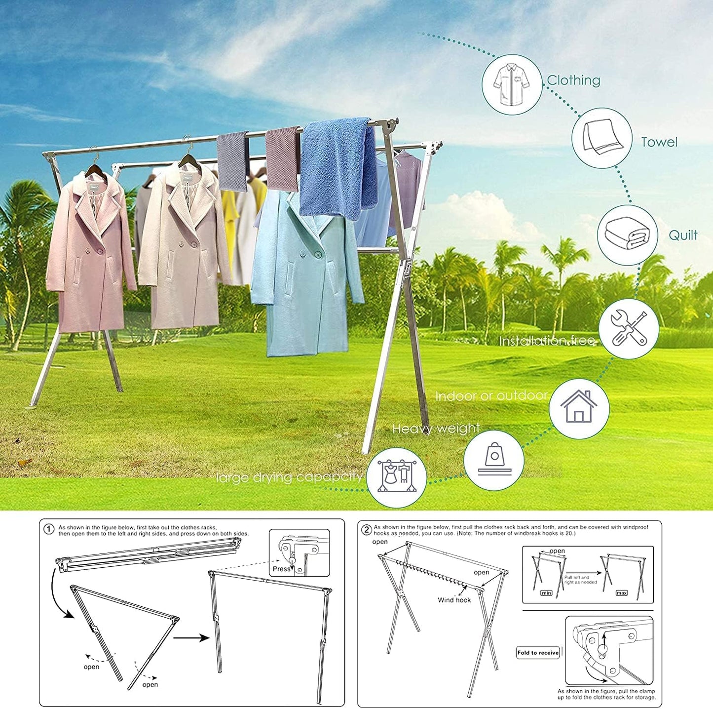Clothes Drying Racks Outdoor, 64 Inches Updated Version,Stainless Steel Laundry Drying Rack for Indoor Outdoor and The Balcony,Length Adjustable Saves Space,with Windproof Hooks(64)