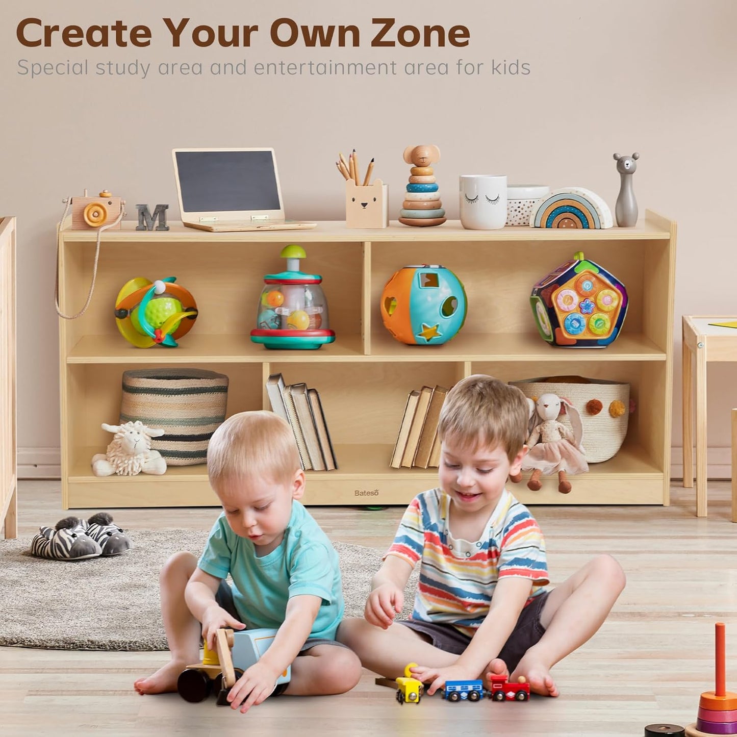 Toy Storage Organizer for Kids Room, Wooden Kids Bookshelf for Classroom, Cube Storage Organizer for Playroom, 5-Section Montessori Bookshelf & Toy Shelf for Nursery