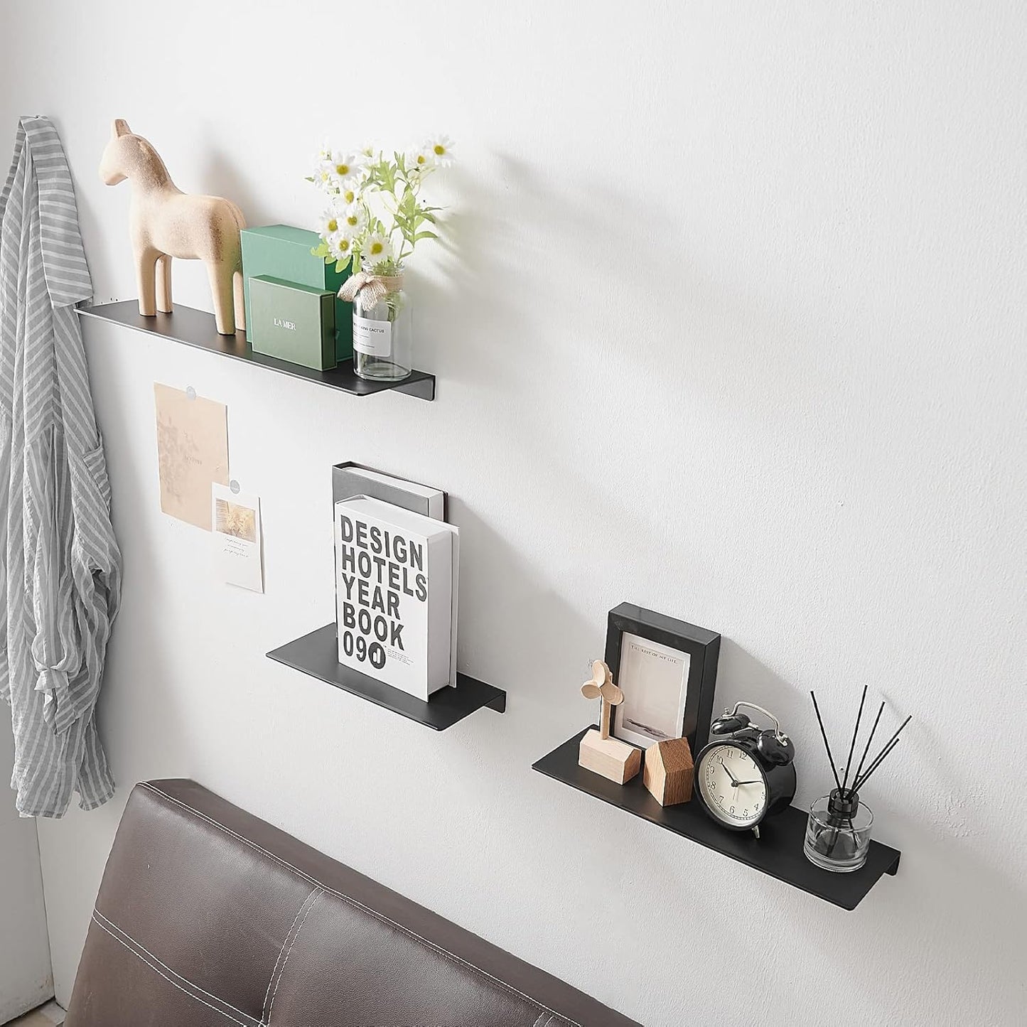 JOOM Black Floating Shelves for Wall Storage, Metal Wall Shelves for Living Room, Bathroom, Kitchen, 16” Display Shelves for Collectibles(2 PCS)