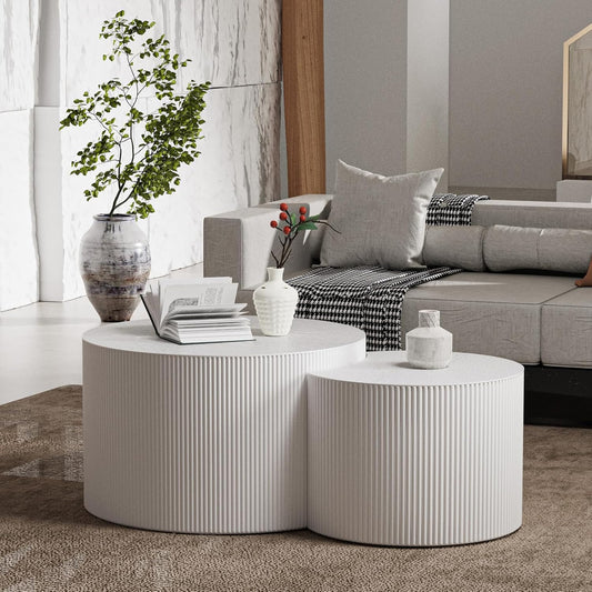 Round Coffee Table Set of 2, Nesting Coffee Table and End Table Set Small Circle Drum Side Table for Living Room Office, No Assembly (D White Crescent)