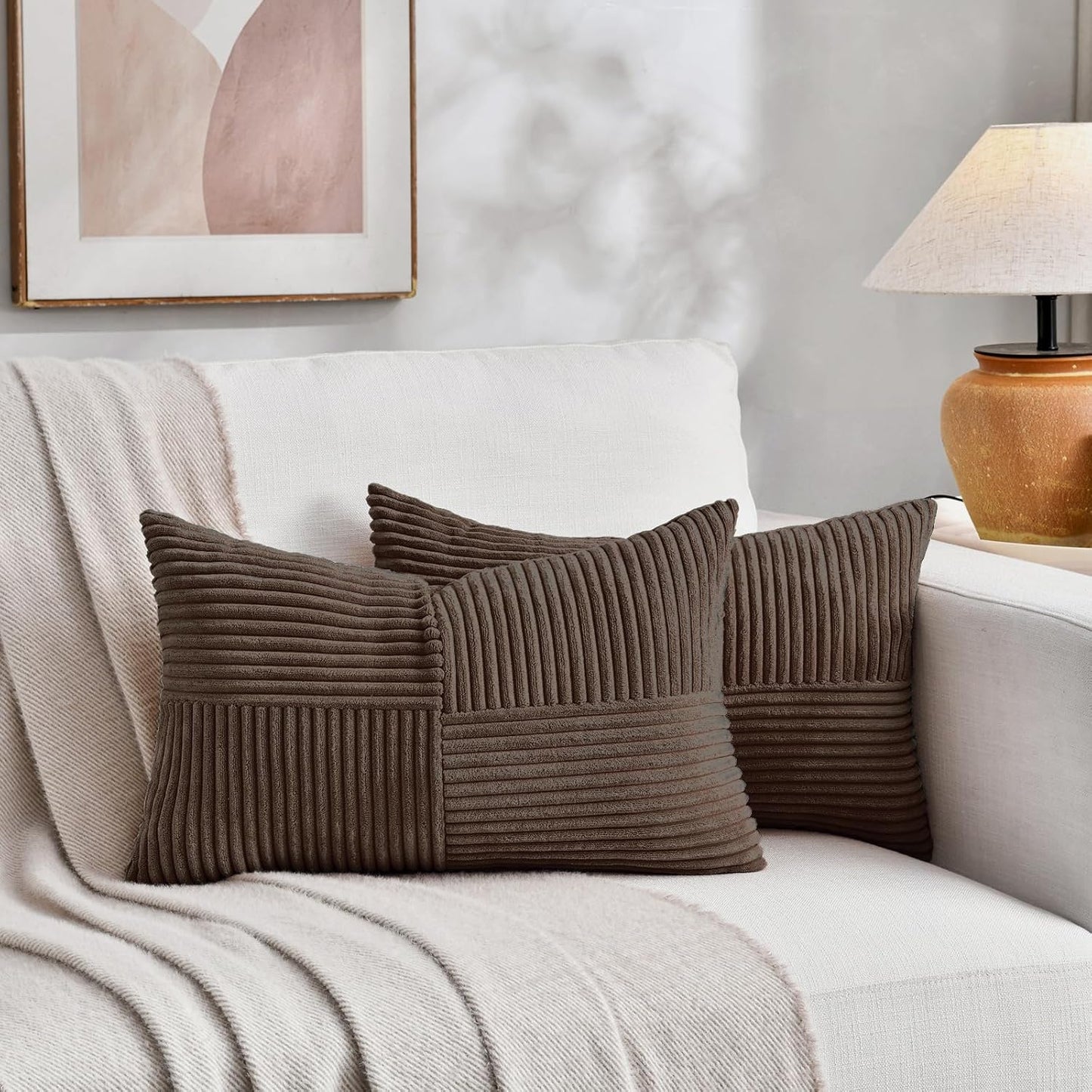 Fancy Homi 2 Packs Dark Brown Lumbar Decorative Throw Pillow Covers 14x24 Inch for Couch Bed, Rustic Farmhouse Boho Home Decor, Soft Striped Corduroy Rectangle Accent Cushion Case 35x60 cm