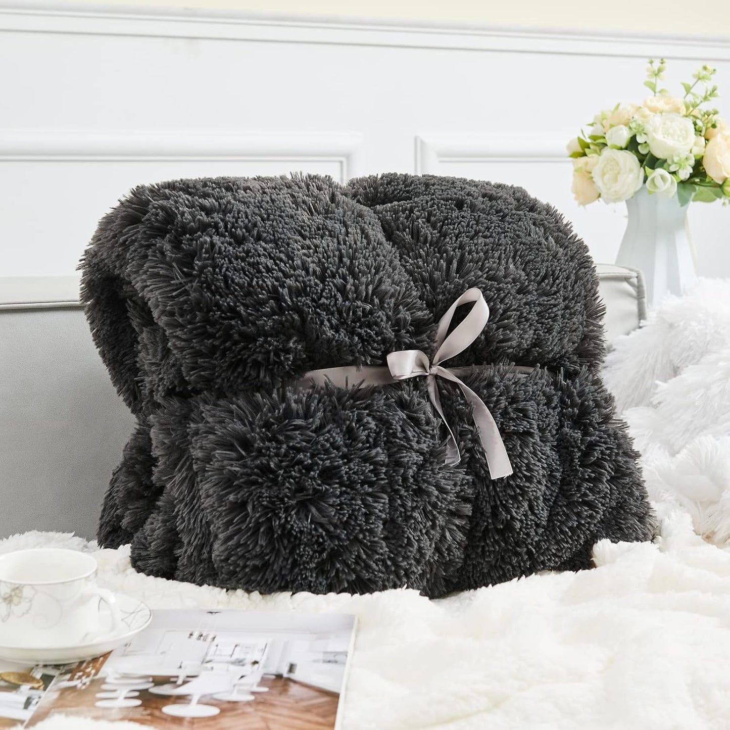 GONAAP Fuzzy Faux Fur Throw Blanket Dark Grey Super Soft Cozy Plush Fuzzy Shaggy Blanket for Couch Sofa Bed (Dark Grey, Throw(50"x60"))