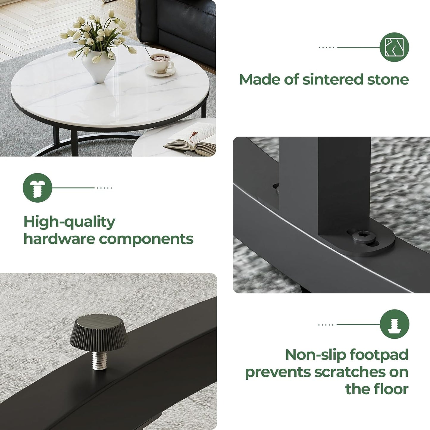 Modern White Coffee Table Set of 2 - Sintered Stone Top & Sturdy Metal Base, fo Living Room Bedroom Apartment