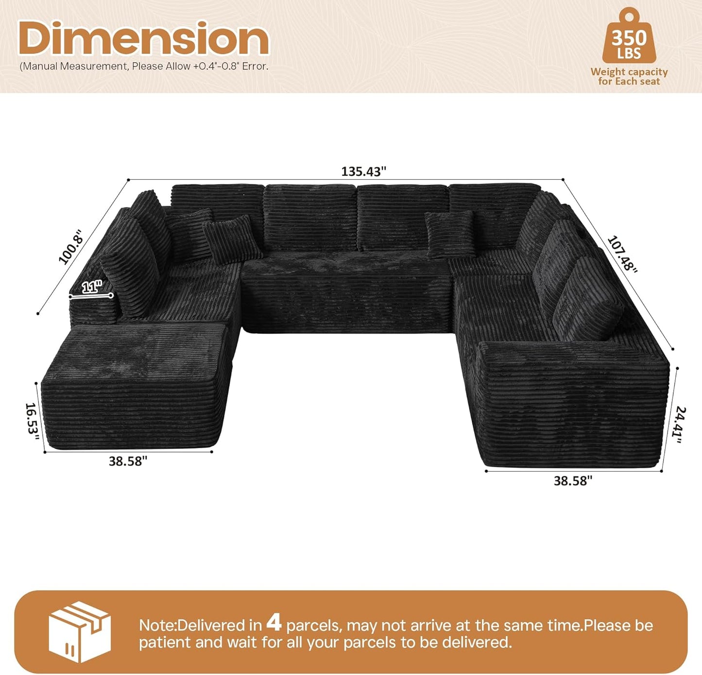 Cloud Sectional Couches for Living Room,U Shaped Modular Sofas No Assembly,135x100 Inches Plush Corduroy Oversized Floor Couch Set with Deep Seat Chaise,Black