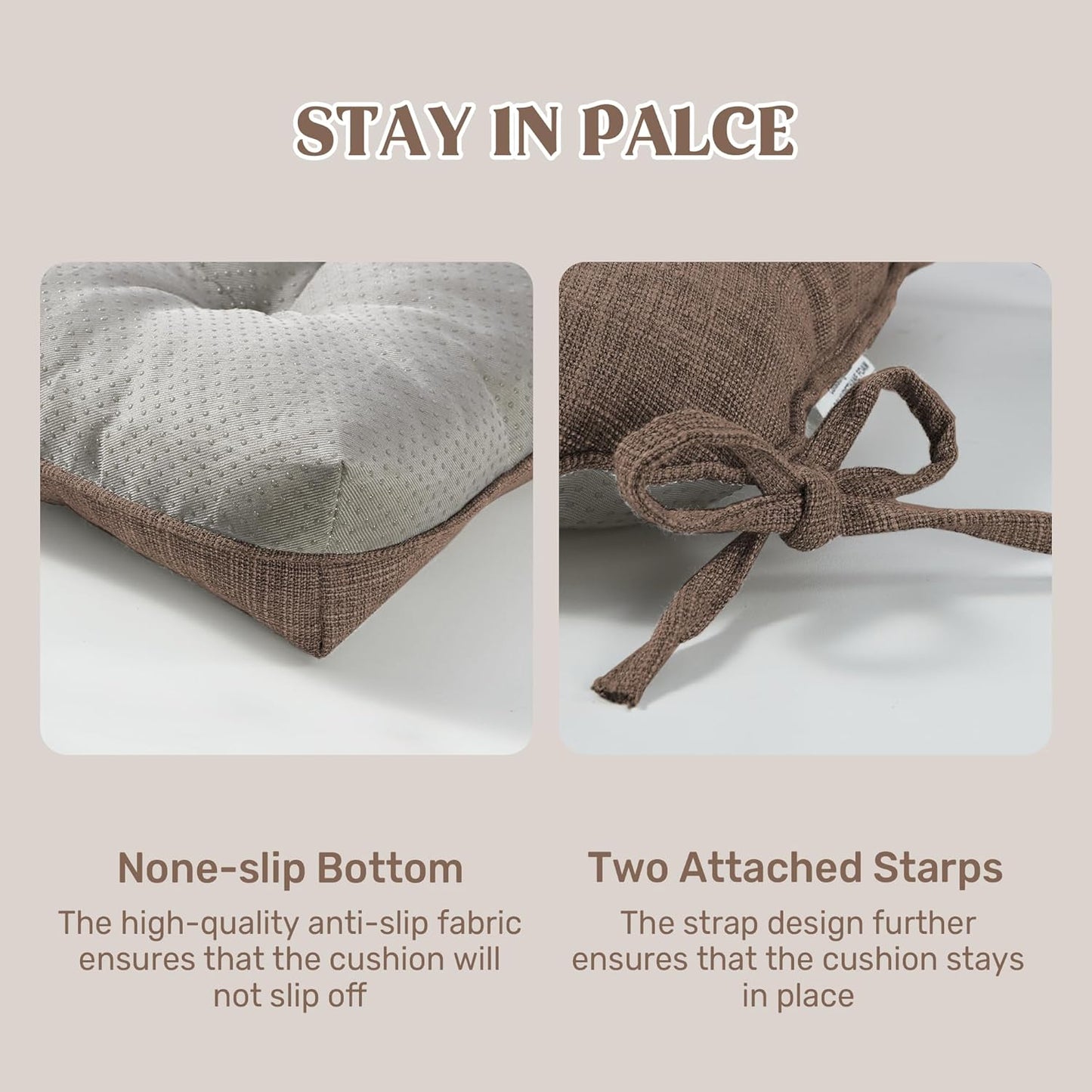 puredown® Chair Cushions for Dining Chairs, Tufted Memory Foam Chair Pads with Non-Slip Backing, Kitchen Seat Cushions with Ties, Washable Seat Pad Set of 4, 15.5" x 15.5" x 4", Coffee