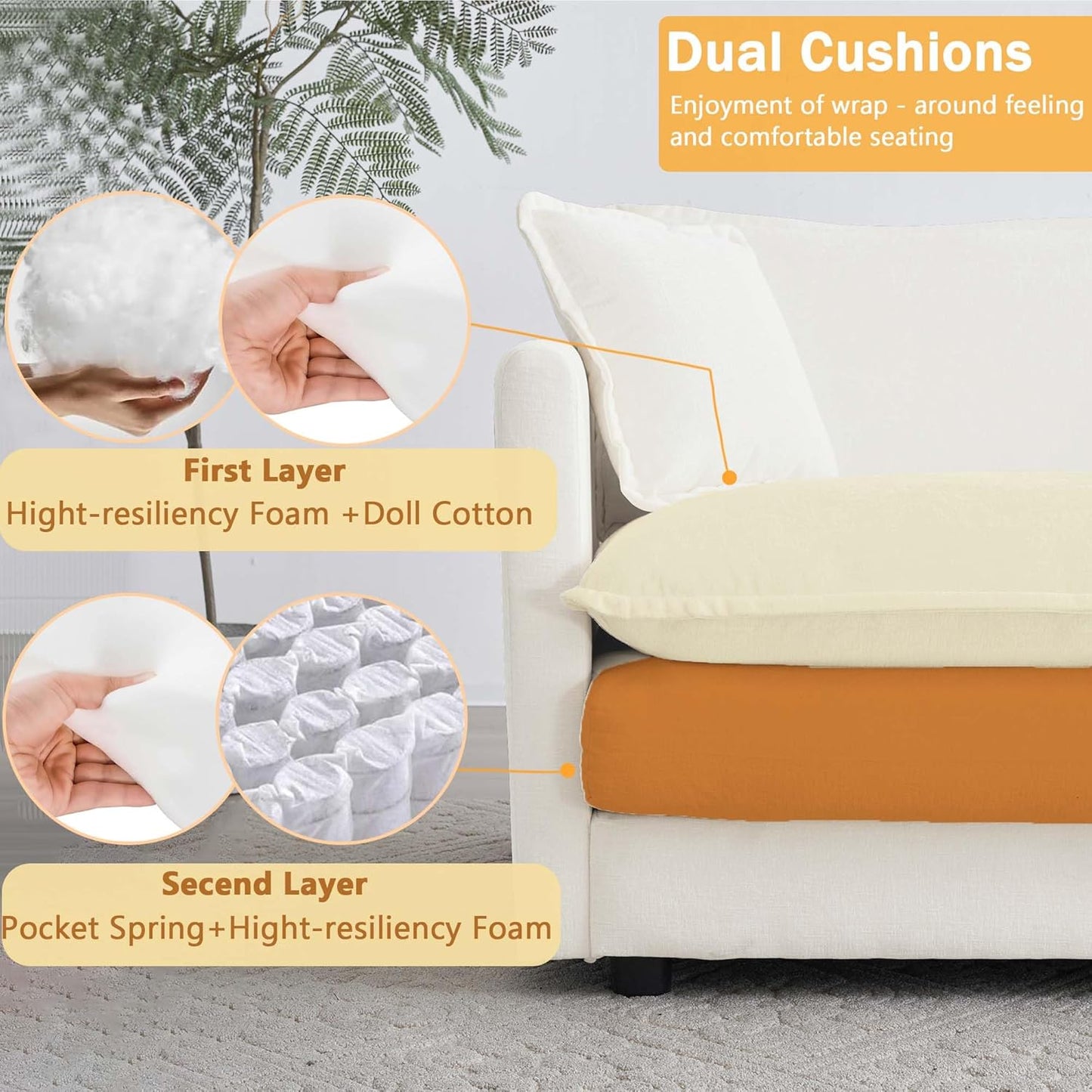 Sectional Sofa 3 Seater with Movable 1 Ottoman,Oversized Modular Couch Deep Seat (Beige, 111.5 inch-L)