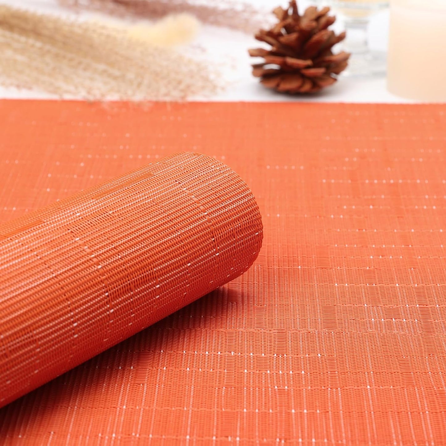 Myir JUN Placemats Set of 4, Vinyl Woven Placemats Place Mats Indoor Set of 4 Washable Table Mats Non-Slip Place mats for Dining Table (Orange, Set of 4)
