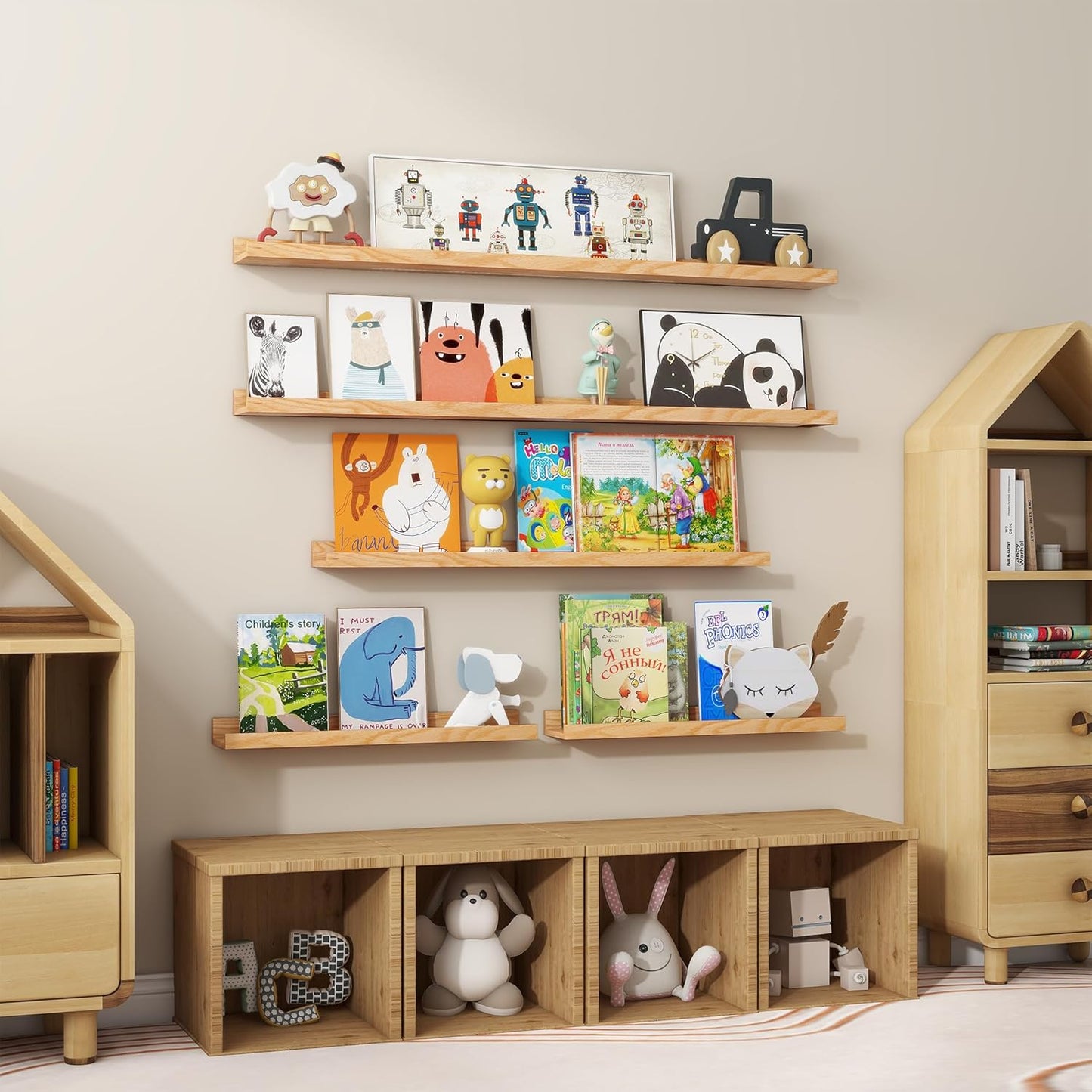 Floating Picture Ledge Shelves 48 Inch Solid Oak Wood Set of 2, Rustic Wall Storage Shelves with Lip, Kids Bookshelf, Photo & Picture Ledge Shelves for Bedroom, Living Room, Kitchen