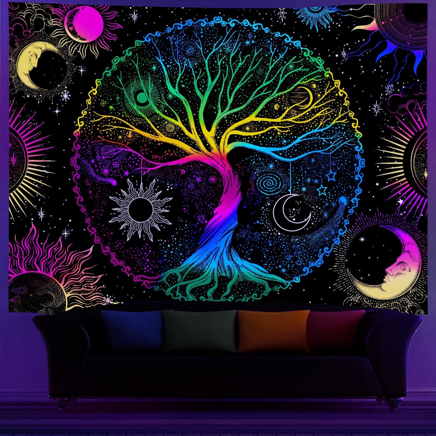 AACKart Blacklight Tapestry for Bedroom - Spiritual Tree of Life Wall Tapestry Glow in the Dark Wall Hanging 90.5 x 70.8 inches