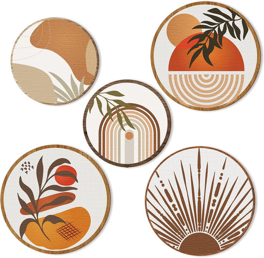 Qunclay 5 Pcs Wall Art Decor Wooden Living Room Wall Decor Bohemian Hanging Farmhouse Geometric 10'' and 8'' Aesthetic Wood Minimalist Posters for Bedroom(Boho)