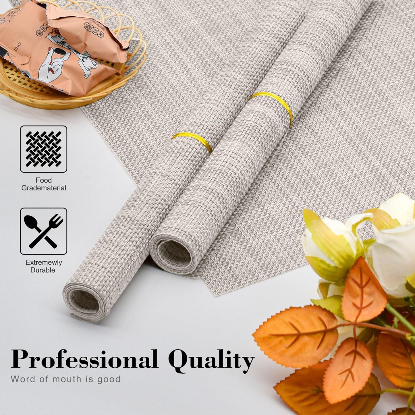 CADONO Placemats Set of 6 Washable Indoor/Outdoor Vinyl Place Mats for Dining Table Durable Non-Slip Heat Resistant PVC Weave Table Mats（Beige Green Cross）