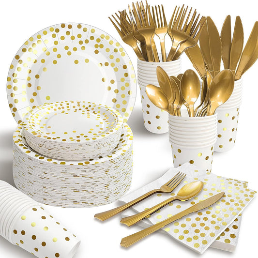 AIRE 175PCS White and Gold Paper Plates Party Supplies for 25 Guests Party Decorations Disposable Dinnerware Paper Plates Cups Napkins Gold Plastic Forks Knives Spoons for Wedding Birthday Graduation