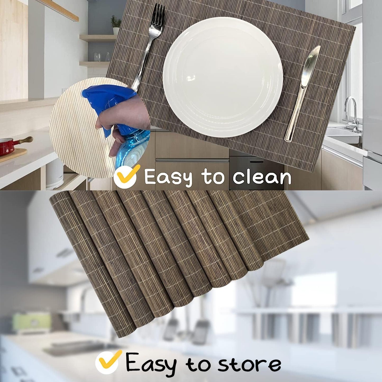 ANDSTAR Set of 8 Pcs Bamboo Placemats Natural Anti-Slip Bamboo Placemats Washable Heat-Resistant Table Mats for Dining Room and Kitchen（Light Brown）