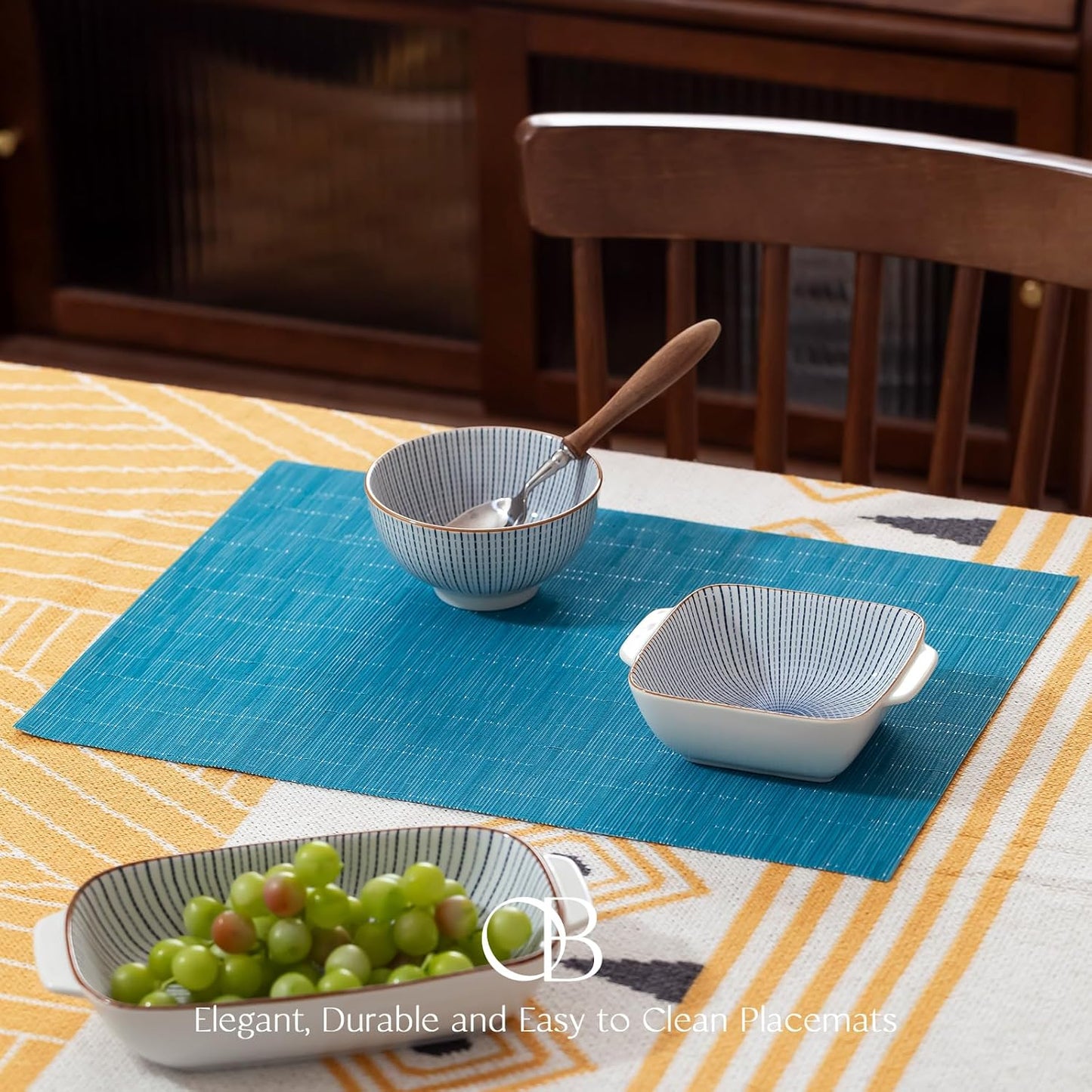 Placemats Set of 8 - Easy Clean Woven Vinyl Placemats for Dining Table, Indoor/Outdoor Place Mats, Washable PVC Table Mats（Teal Blue）