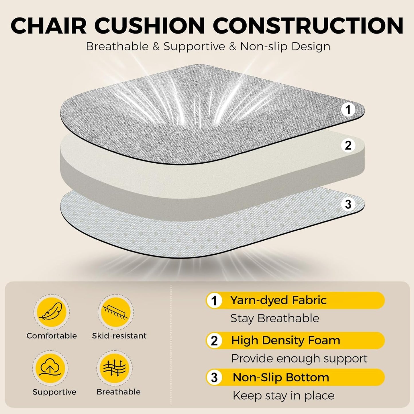 downluxe Indoor Chair Cushions for Dining Chairs, Soft and Comfortable Textured Foam Kitchen Chair Pads with Ties and Non-Slip Backing, 16" x 16" x 2", Light Grey, 4 Pack