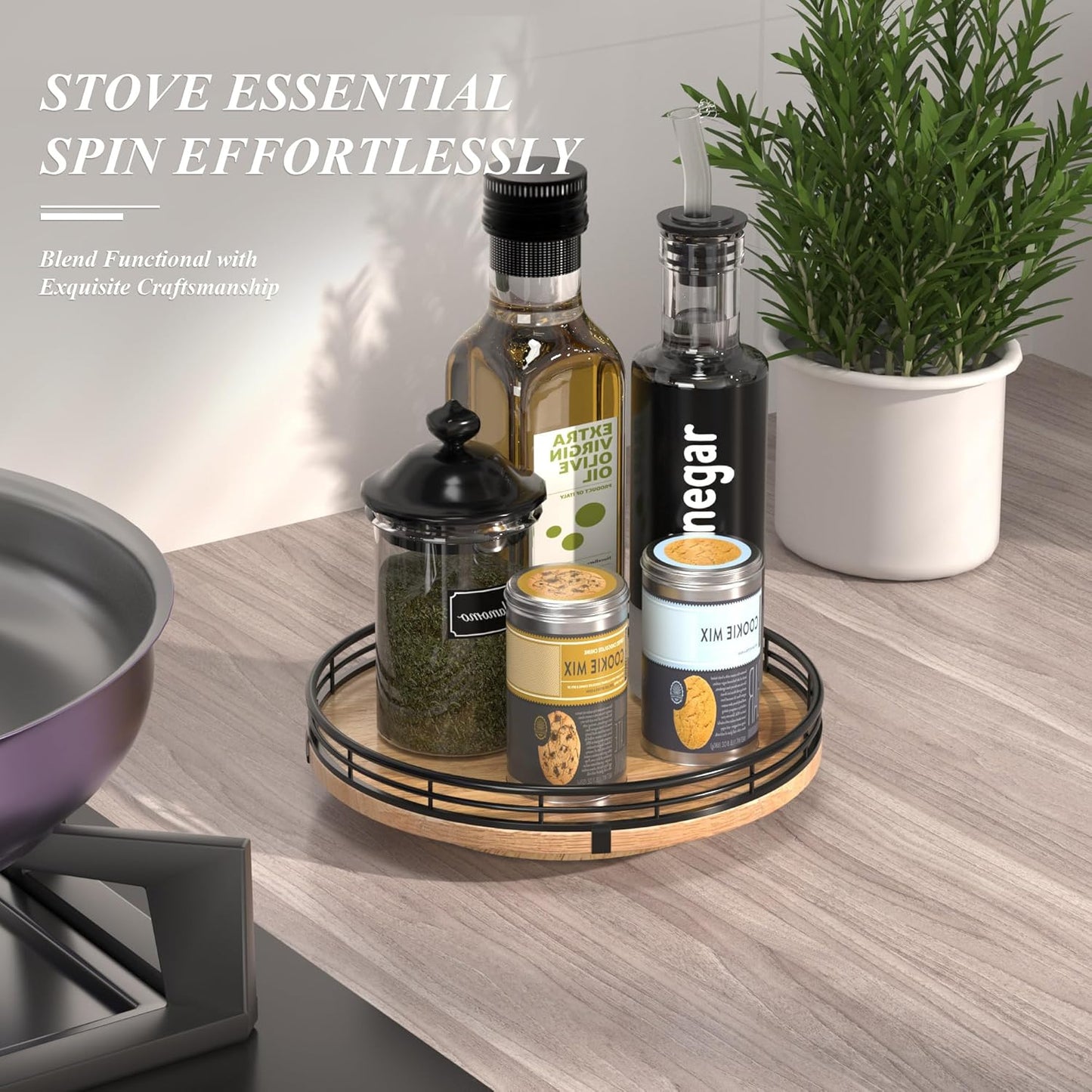 9" Oak Wood Lazy Susan Turntable Organizer for Cabinet, Round Wooden Farmhouse Lazy Susan Organization and Storage for Dining Table, Pantry, Kitchen, Countertop, Cupboard,Home Decor