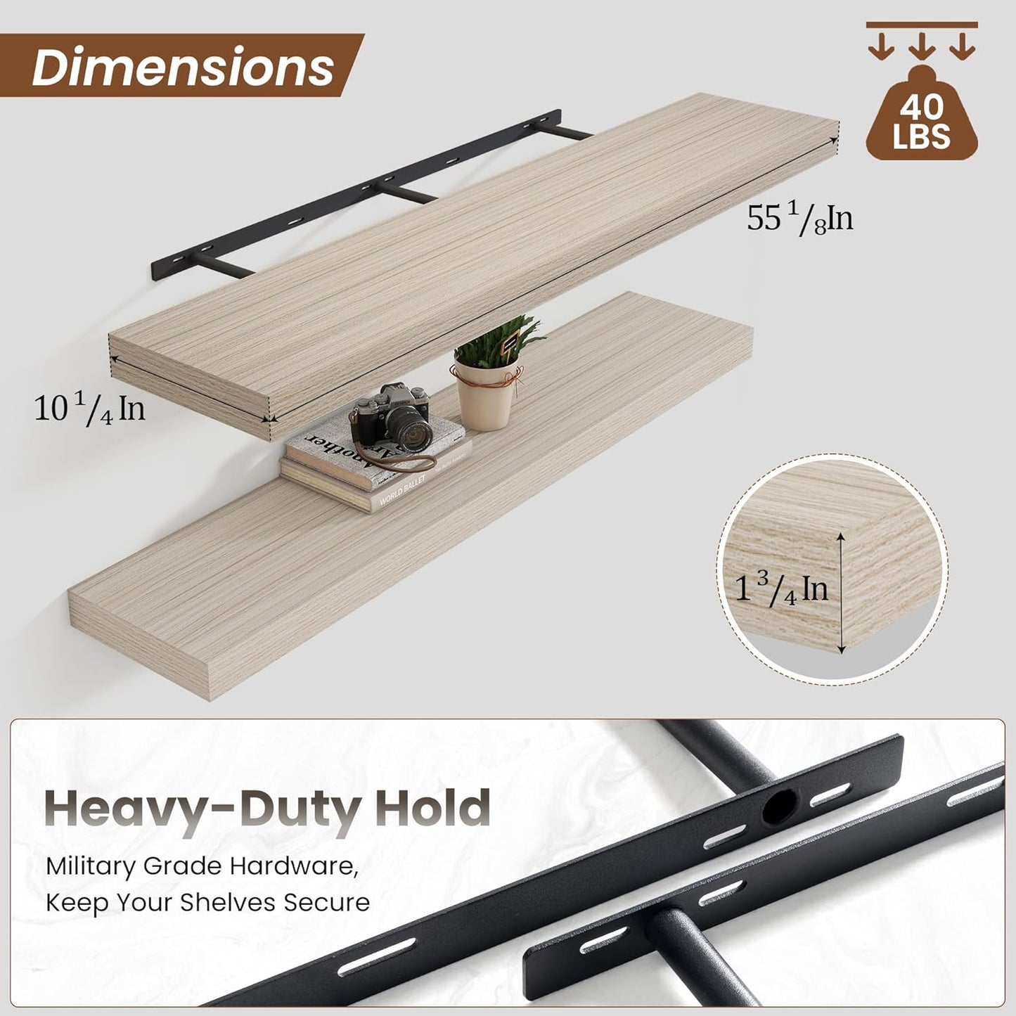 Heimlove 55 Inch Floating Shelves for Wall,10 Deep Large Grey Wall Shelf with Heavy Duty Brackets,Mounted Storage & Display Shelves for Bedroom,Living Room,Kitchen,Office,Set of 2