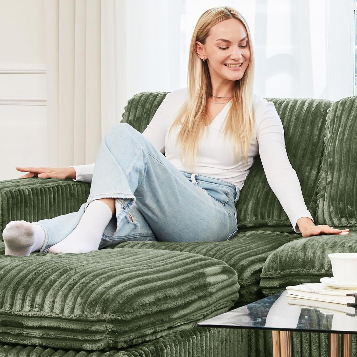 Belffin Modular Sectional Sofa with Storage Ottoman, Oversized Cloud Couch Sectional with Extra Deep Seat, Comfy 3 Seater Sectional Couches for Living Room, Plush Corduroy Green