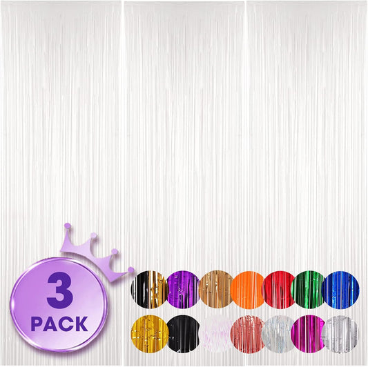 3 Pack 3.3x8.2 Feet White Foil Fringe Backdrop Curtains, Tinsel Streamers Birthday Party Decorations, Fringe Backdrop for Graduation, Baby Shower, Gender Reveal, Disco Party
