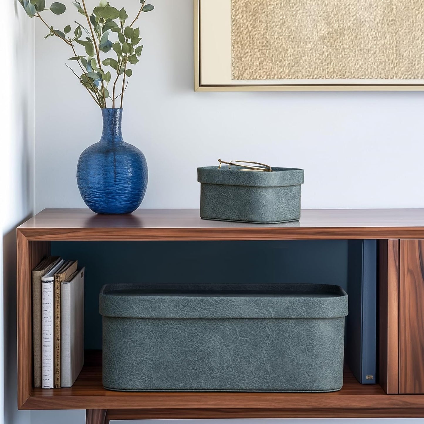 La Jolie Maison Vegan Leather Storage Boxes with Lids, Set of 3 Decorative Storage Containers Organize Stackable Storage Box, Dusty Blue