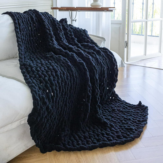 Chunky Knit Blanket - Luxury Soft Cozy 60 * 80 Throw Blanket,100% Woven Blanket Rope Knot Throw Blanket for Couch, Sofa, Home Decor, Gift - Machine Washable(Black)
