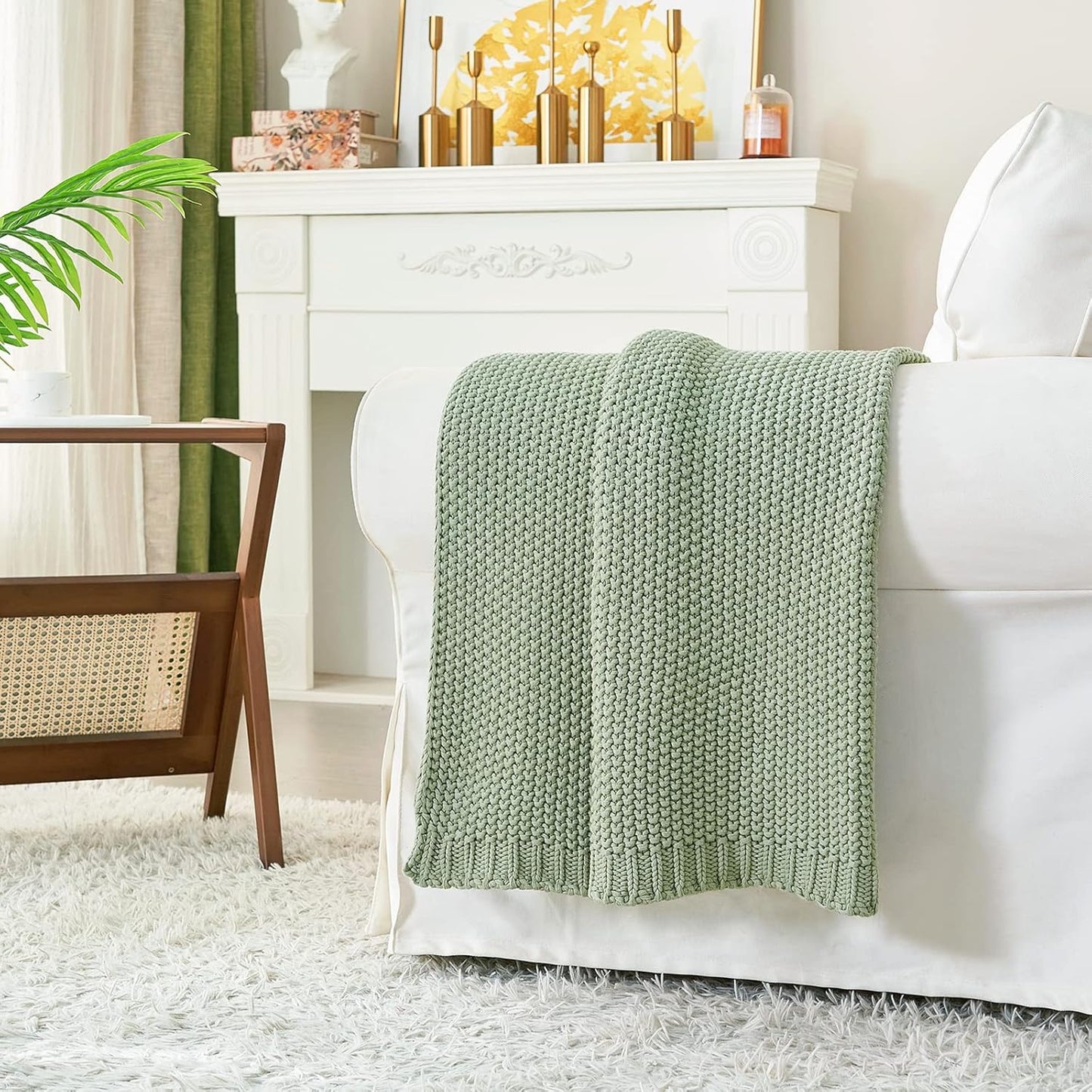Chunky Cable Knit Throw Blanket Lightweight Light Green 100% Organic Cotton Blanket for Sofa Couch Bed Baby Nursery, Rustic Shabby Chic Modern Farmhouse, 60” x 80” Bonus Laundering Bag