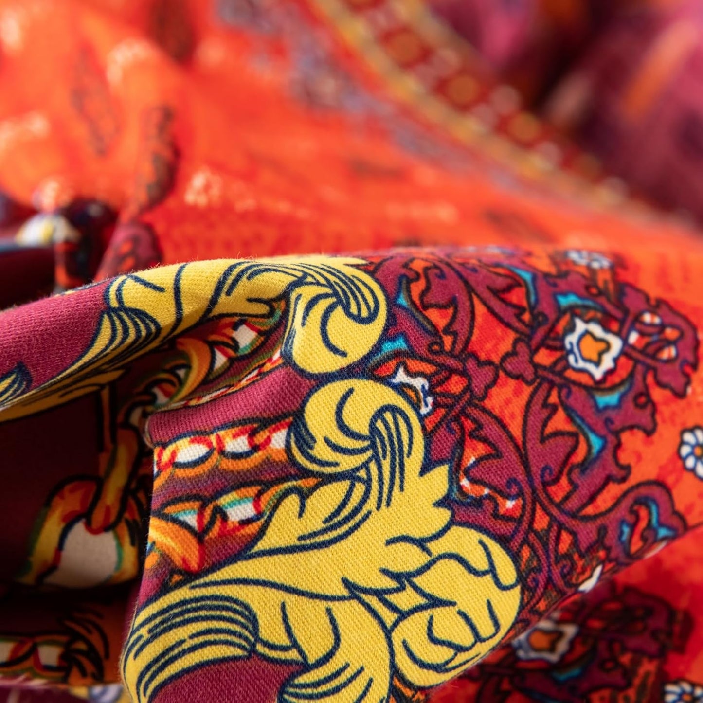 ABREEZE Bohemian Duvet Cover Set Colorful Orange Boho Retro Bedding Set Damask Paisley Cotton Duvet Cover Tribal Reversible Bedding Exotic Style Comforter Cover 3-Piece Queen