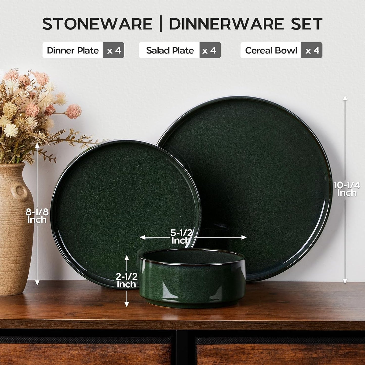 Onader Stoneware Dinnerware Sets for 4, Reactive Glaze Plates and Bowls Sets, Ceramic Dish Dinner Set with Rustic Terracotta Bottom, 12 Piece Elegant Dishware - Emerald Green