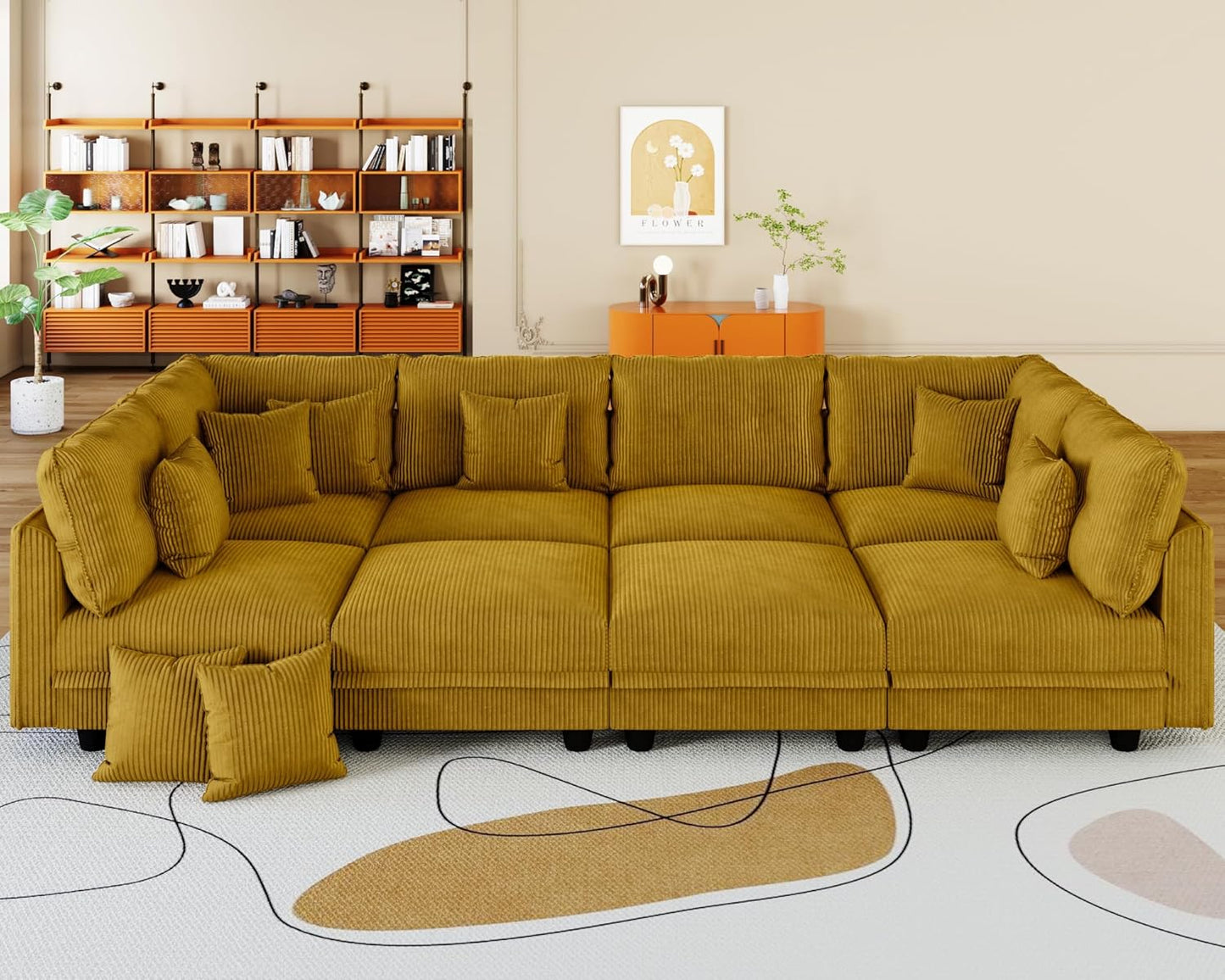 LLappuil Modular Sectional Sofa with Storage Seat, Corduroy Modular U Shaped Sectional Couch for Living Room, 8 Seat Oversized Sofa with 8 Back Cushion 8 Throw Pillow, Yellow