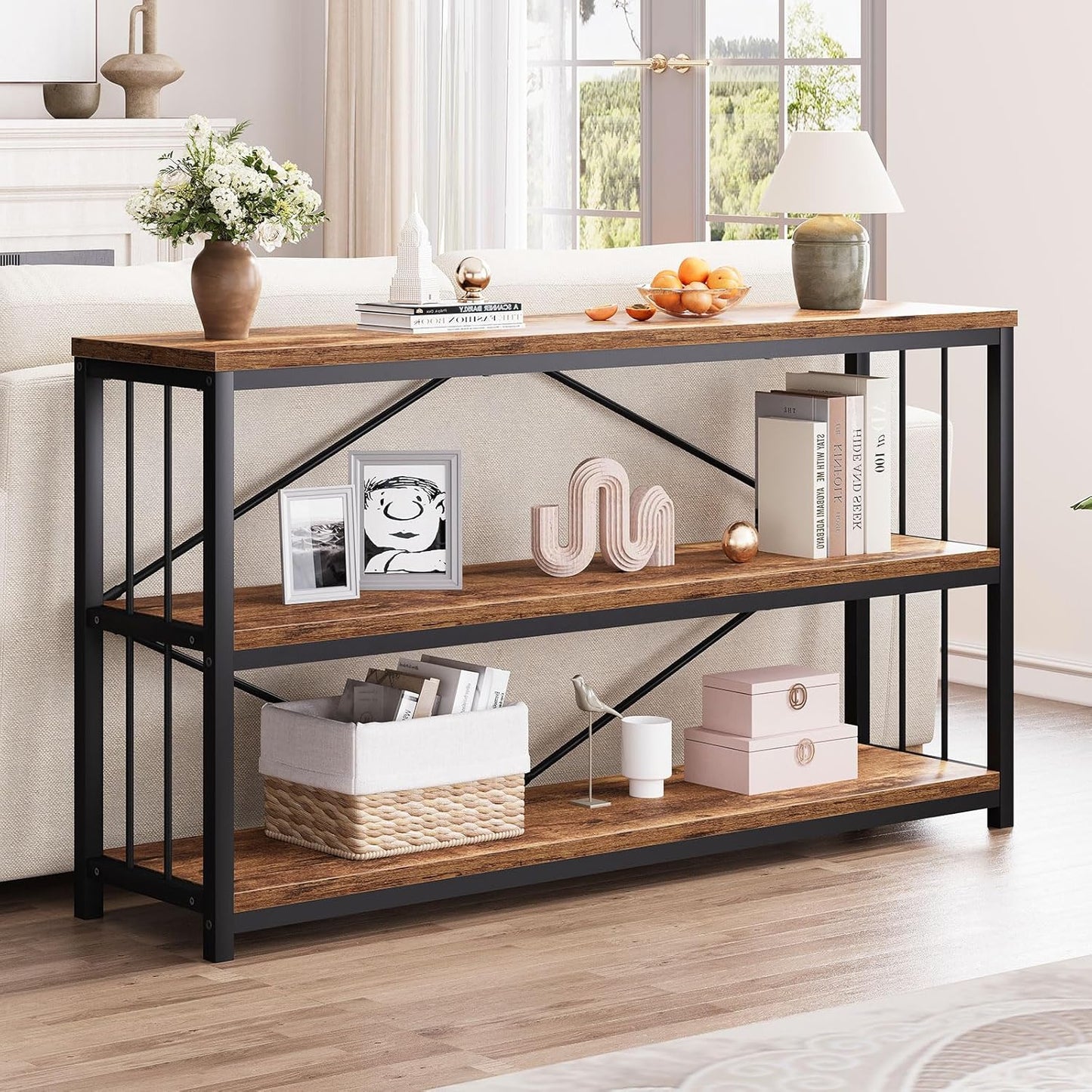 LVB Industrial Console Entryway Table, Metal Wood Rustic Sofa Table with Storage, Farmhouse 3 Tier Shelf Long Hallway Foyer Entry Tables Behind Couch for Home Living Room Entryway, Rustic Brown, 55 In