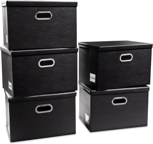 PRANDOM Large Stackable Storage Boxes with Lids [5-Pack] Leather Fabric Foldable Storage Bins Organizer Containers Baskets Cubes with Cover for Bedroom Closet Office Nursery Black(17.7x11.8x11.8)