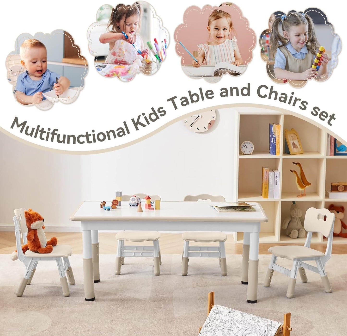 Kids Study Table and Chairs Set, Height Adjustable Toddler Table and Chair Set for Kids Ages 3-8, Graffiti Desktop (Burlywood - 1)