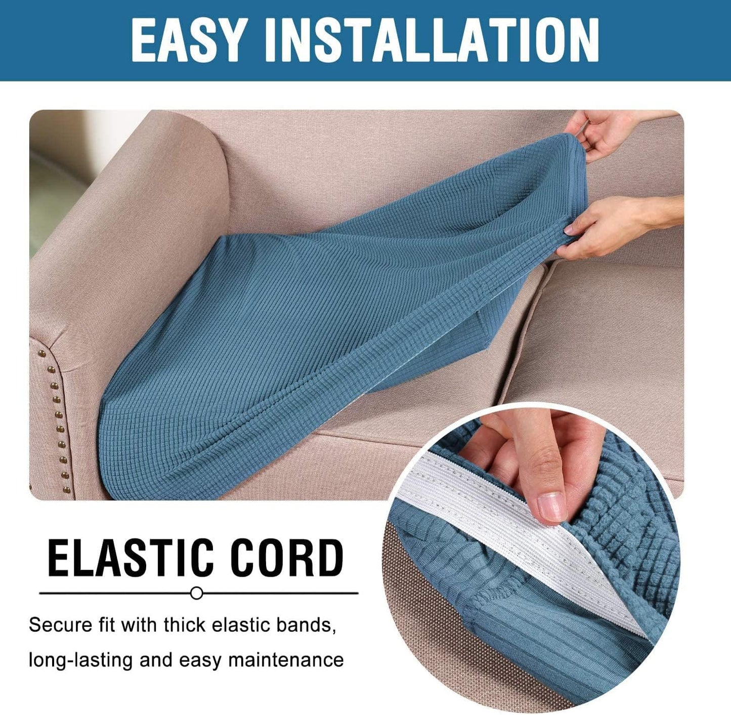 H.VERSAILTEX Super Stretch Individual Seat Cushion Covers Sofa Covers Slipcover Sets Thick Jacquard Textured Twill Fabric (3 Piece, Dusty Blue)