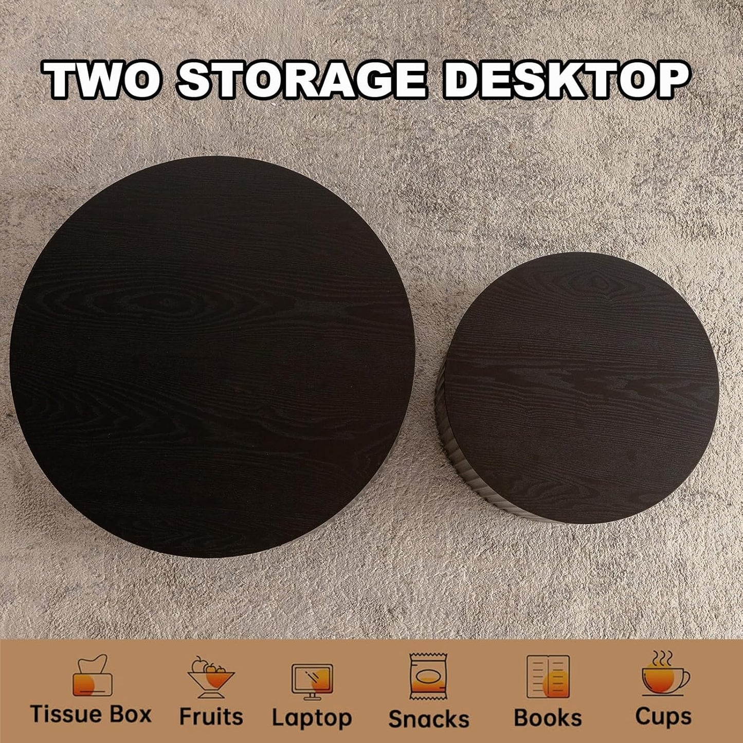 Nesting Coffee Table Set of 2 Modern Black Handcraft Fluted Coffee and End Table Sets Wooden Drum Small Round Side Table Funky Center Tables for Living Room,No Assembly,Black Large