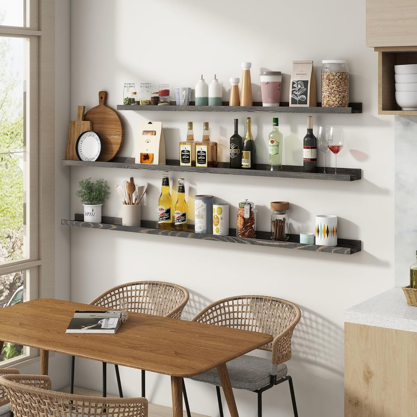 Picture Ledge Wall Shelves 16 inch Width Set of 2, Solid Pine Wood Rustic Floating Ledge Shelves for Wall for Kids' Room Bedroom Kitchen Bathroom Living Room Nursery Display Wall Decor, Grey