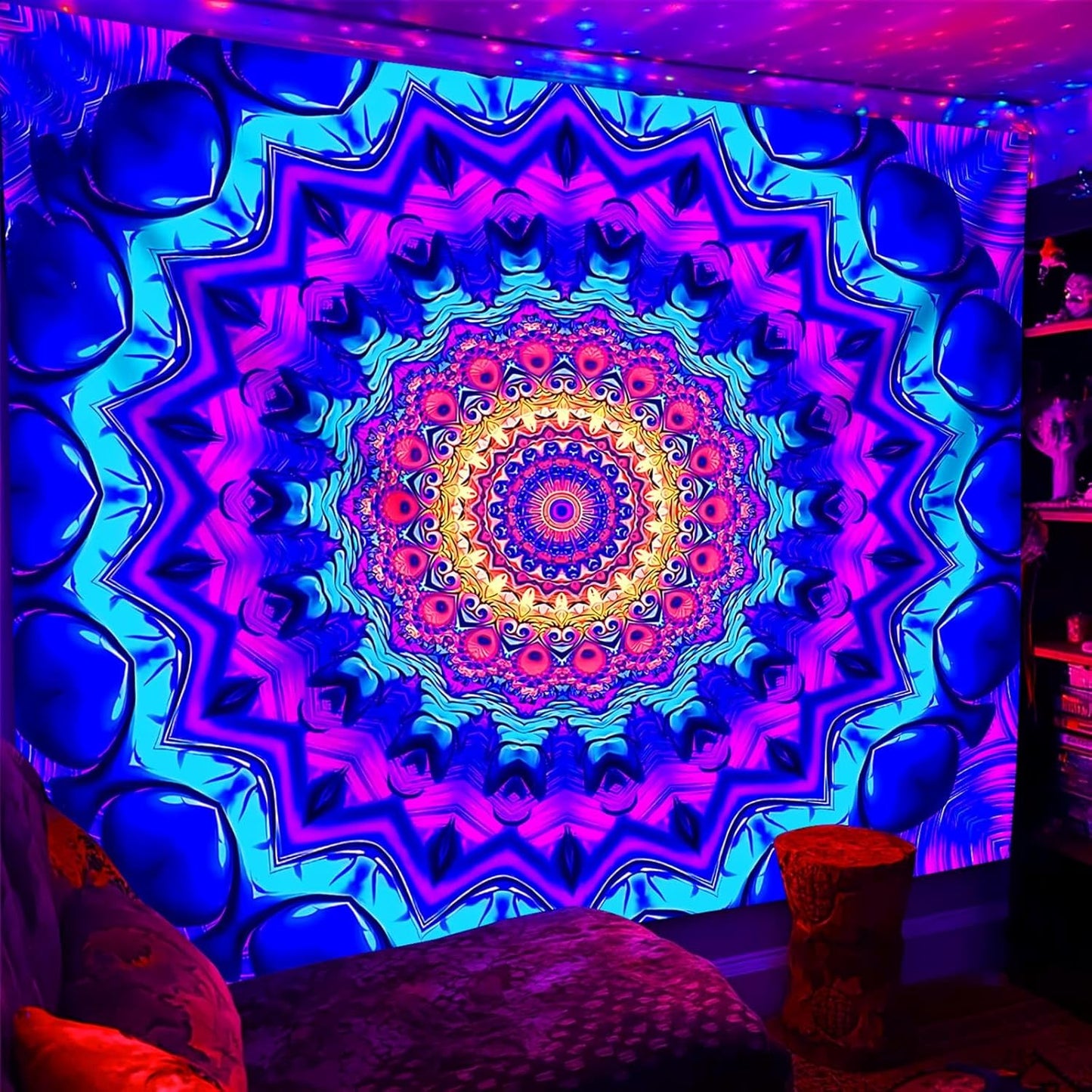 Blacklight Mandala Tapestry for Bedroom, Black Light Posters for Adults and Teens, Colorful UV Reactive Aesthetic Bohemian Wall Art Decor (90 x 70 Inches)
