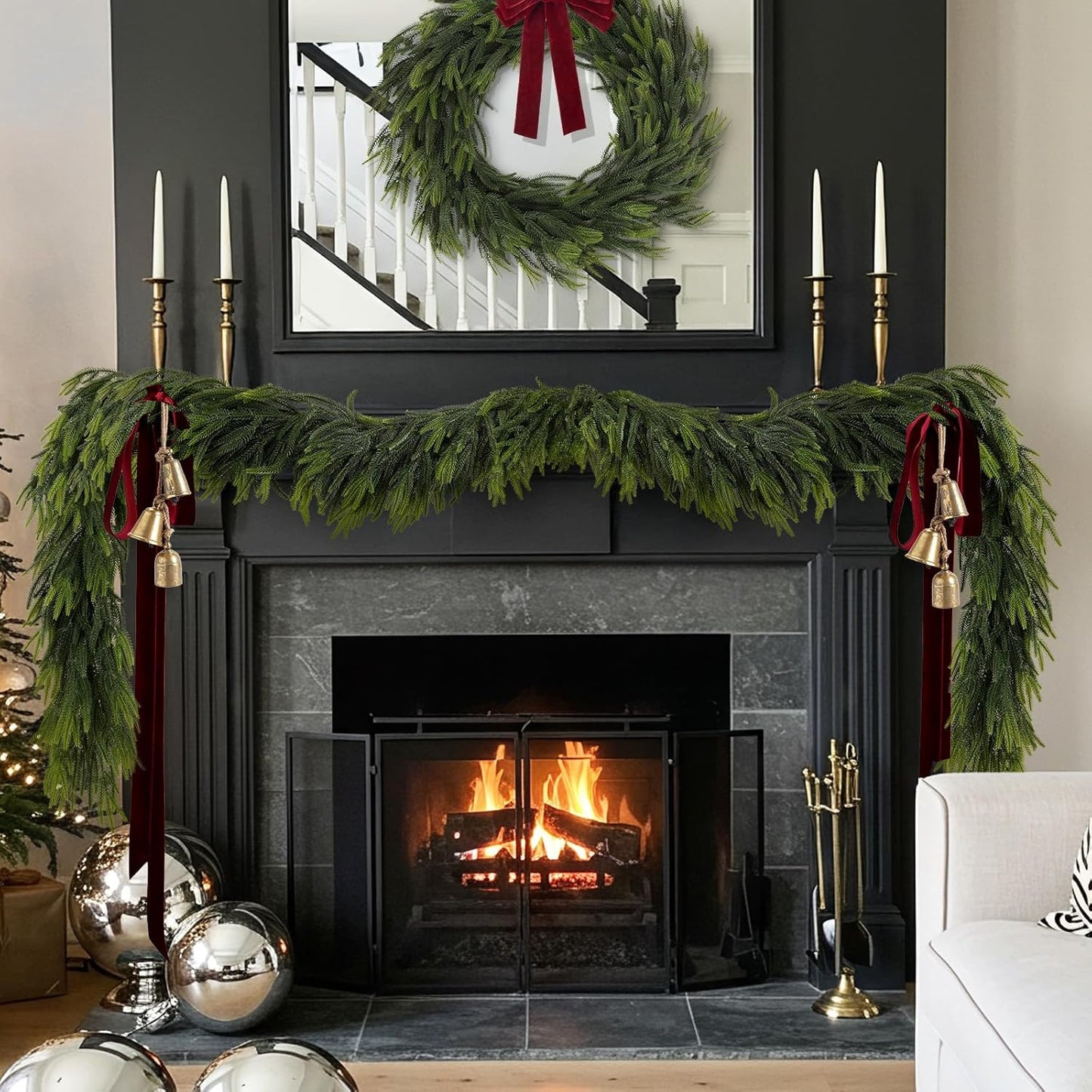 N&T NIETING 9FT Christmas Norfolk Pine Garland, Real Touch Pine Garlands Faux Greenery Garland Winter Christmas Garland for Table Mantle Holiday Indoor Outdoor Xmas Decorations (4 Pcs)