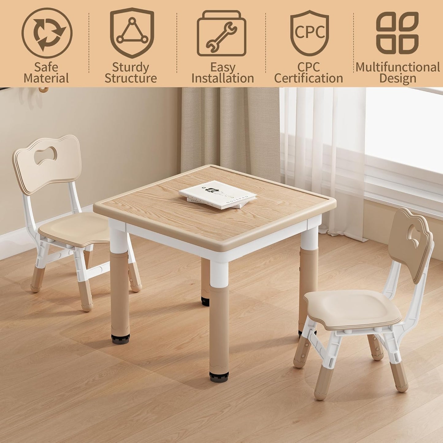 Kids Table and Chairs, Height Adjustable Childrens Table and Chair Set, Kids Tables for Age 2-8, Graffiti Desktop, Table for Kids with 2 Seats, Small Kids Table, Max 300lbs