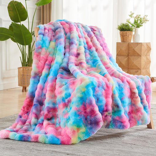 NEWCOSPLAY Faux Fur Throw Blanket Dark Rainbow Luxury Fluffy Thick Warm Bubble Blanket for Couch Sofa Bed 700GSM (Dark Rainbow, Throw(50"x60"))