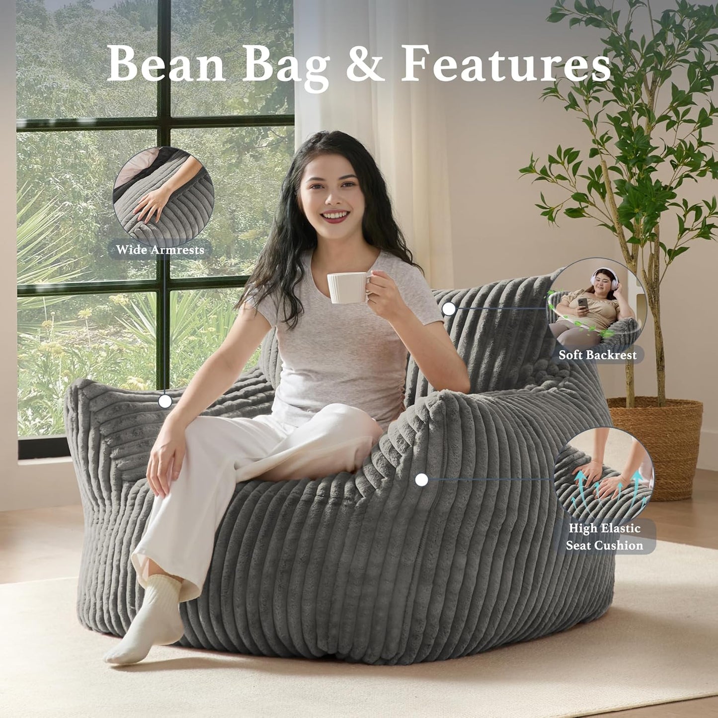 Giant Plush Bean Bag Chair for Adults with Armrests - Oversized Comfy Light Grey Beanbag Lounge Lazy Floor Sofa Accent Chair for Living Room, Bedroom & Dorm, Cozy Fluffy Single Cloud Mini Couch