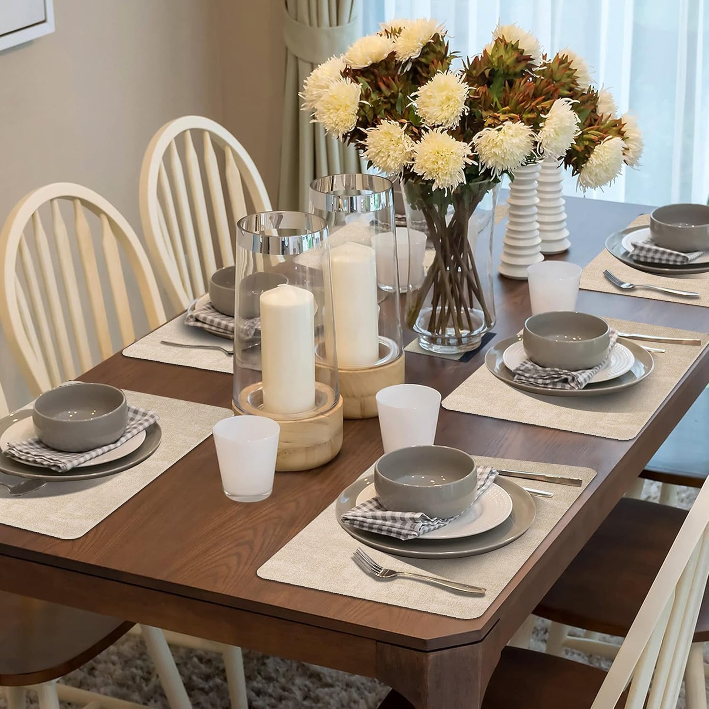 Maxpearl Faux Leather Placemats Set of 6 - Waterproof - Wipe Clean - Heat Resistant - Anti Slip Dining Table Place Mats, Suitable for Indoor & Outdoor Use, 17’’×12’’, Beige