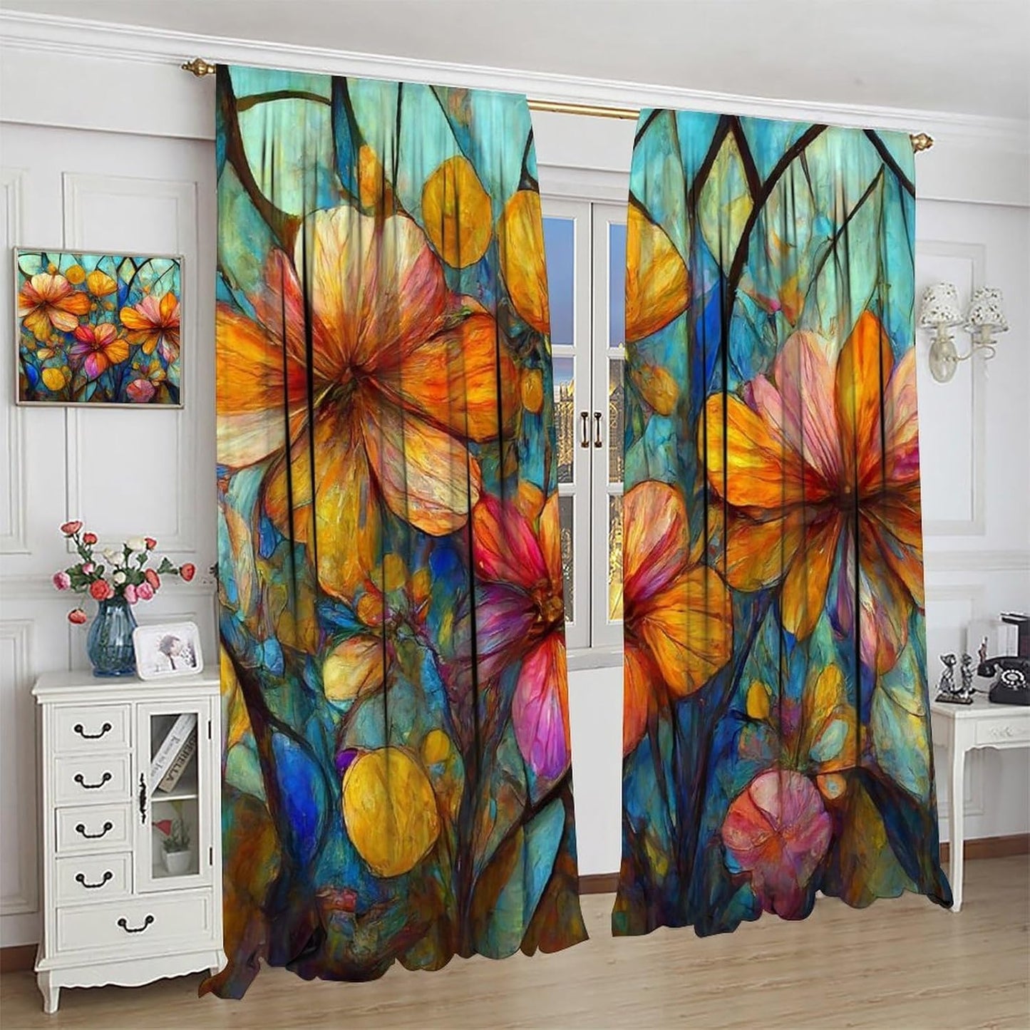Stained Glass Curtains,Magic Forest Colorful Flowers Abstract Art Home Decor Drapes for Bedroom Living Room Kitchen Window Treatment 2 Panels Set Total Size 84" W X 84" L Inch